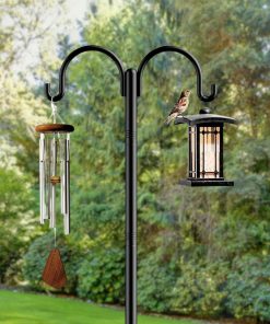 Adjustable Metal Bird Feeder Pole with Double Hooks–70” Garden Bird Perch, Outdoor Bird Stand for Hanging Garden Plant, Solar Light Lanterns
